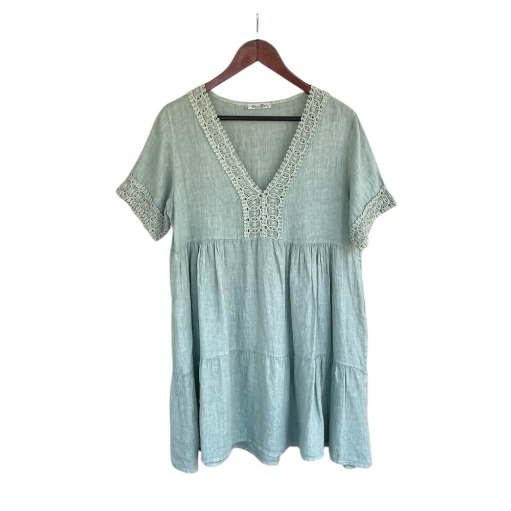 Elena Baldi Dress Size M 100% Linen Tiered Tunic Green Crochet Trim V-Neck Italy